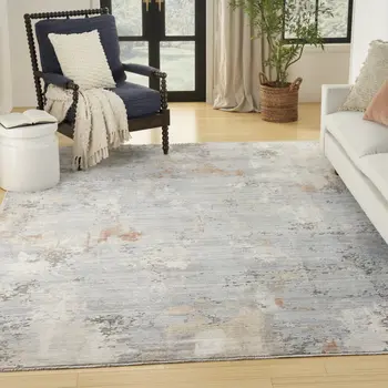 5' X 8' Beige Blue and Gray Abstract Area Rug With Fringe