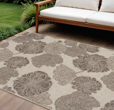 6' X 9' Taupe And Ivory Floral Indoor Outdoor Area Rug