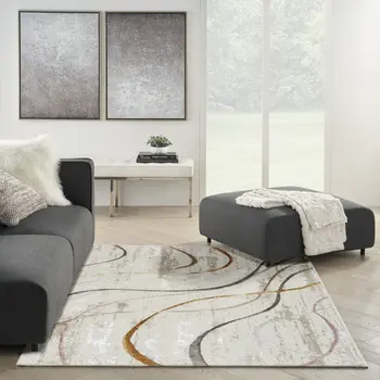 5' X 7' Ivory Black and Brown Abstract Non Skid Area Rug