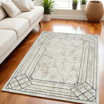 5' X 7' Ivory Blue and Gray Geometric Non Skid Area Rug