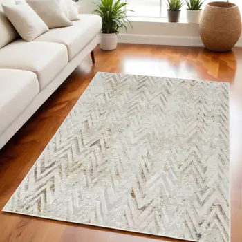 5' X 7' Beige Blue and Ivory Chevron Distressed Non Skid Area Rug