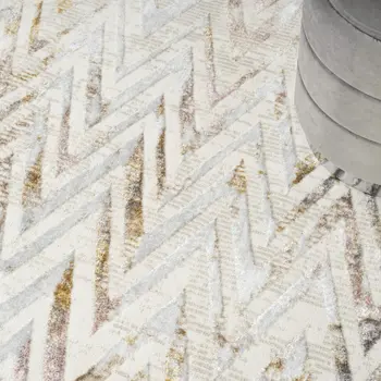 5' X 7' Beige Blue and Ivory Chevron Distressed Non Skid Area Rug