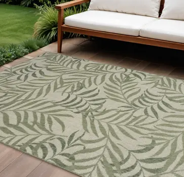 8' X 10' Ivory And Green Palm Leaf Indoor Outdoor Area Rug