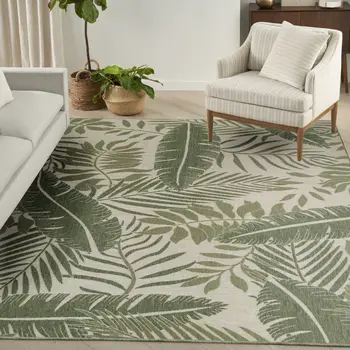 8' X 10' Ivory And Green Palm Leaf Indoor Outdoor Area Rug