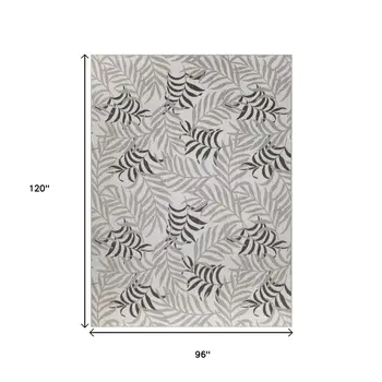 8' X 10' Gray Black And Ivory Palm Leaf Indoor Outdoor Area Rug