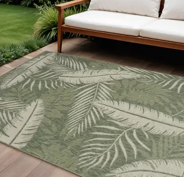 8' X 10' Ivory And Green Palm Leaf Indoor Outdoor Area Rug
