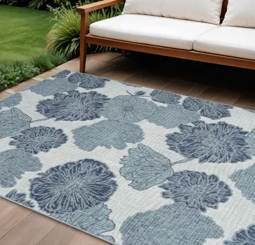 8' X 10' Navy Blue Sky Blue And Ivory Floral Indoor Outdoor Area Rug