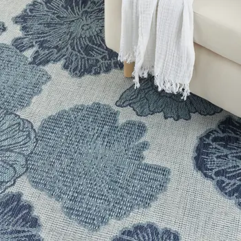 8' X 10' Navy Blue Sky Blue And Ivory Floral Indoor Outdoor Area Rug