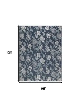 8' X 10' Navy Blue Sky Blue And Ivory Floral Indoor Outdoor Area Rug