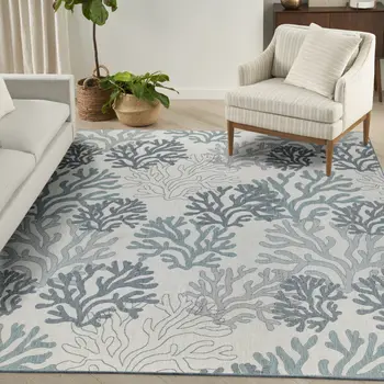 8' X 10' Navy Blue Sky Blue And Ivory Nautical Indoor Outdoor Area Rug