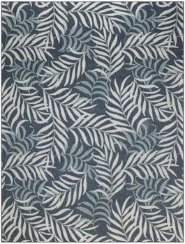 8' X 10' Navy Blue Sky Blue And Ivory Palm Leaf Indoor Outdoor Area Rug