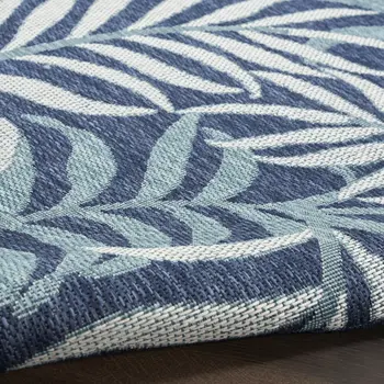 8' X 10' Navy Blue Sky Blue And Ivory Palm Leaf Indoor Outdoor Area Rug