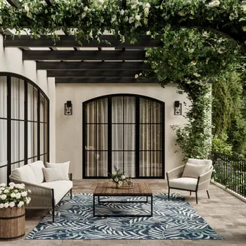 8' X 10' Navy Blue Sky Blue And Ivory Palm Leaf Indoor Outdoor Area Rug