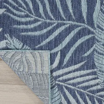 8' X 10' Navy Blue Sky Blue And Ivory Palm Leaf Indoor Outdoor Area Rug