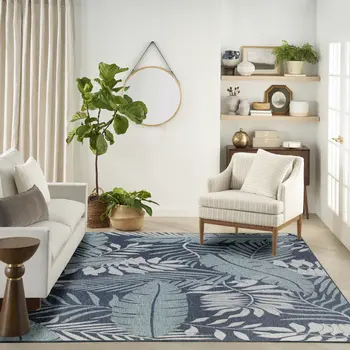 8' X 10' Navy Blue Sky Blue And Ivory Palm Leaf Indoor Outdoor Area Rug