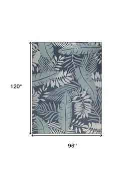 8' X 10' Navy Blue Sky Blue And Ivory Palm Leaf Indoor Outdoor Area Rug