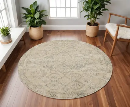 8' Beige And Gray Geometric Distressed Round Rug