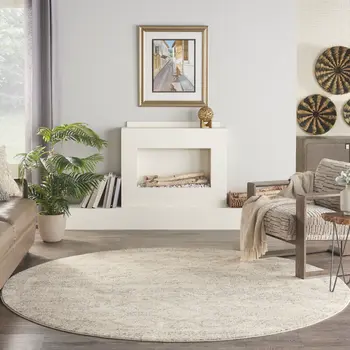 8' Beige And Gray Geometric Distressed Round Rug