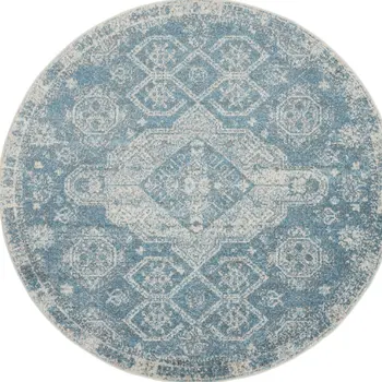 8' Ivory And Light Blue Geometric Distressed Round Rug