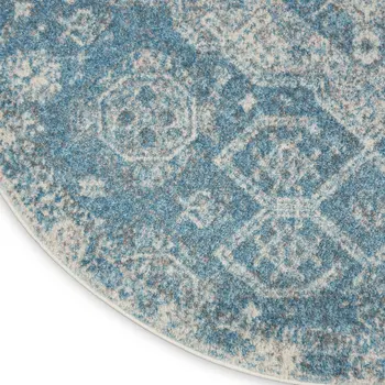 8' Ivory And Light Blue Geometric Distressed Round Rug