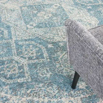 8' Ivory And Light Blue Geometric Distressed Round Rug