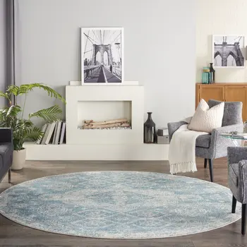 8' Ivory And Light Blue Geometric Distressed Round Rug