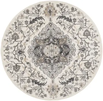 8' Ivory Black and Gray Floral Medallion Non Skid Round Rug