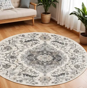 8' Ivory Black and Gray Floral Medallion Non Skid Round Rug