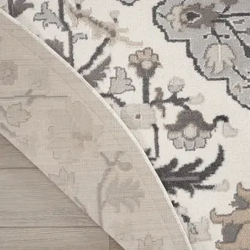 8' Ivory Black and Gray Floral Medallion Non Skid Round Rug
