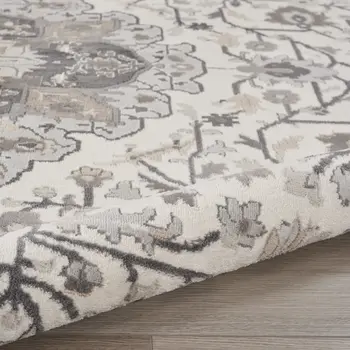 8' Ivory Black and Gray Floral Medallion Non Skid Round Rug