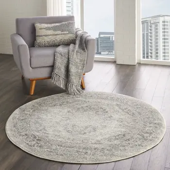 8' Ivory And Gray Floral Medallion Distressed Round Rug