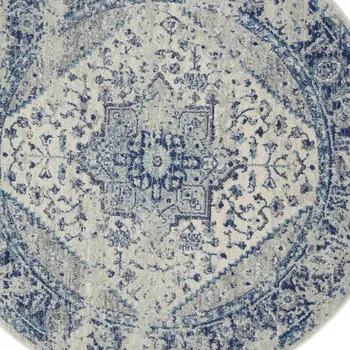 8' Ivory And Light Blue Floral Medallion Distressed Round Rug