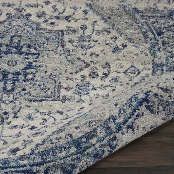 8' Ivory And Light Blue Floral Medallion Distressed Round Rug