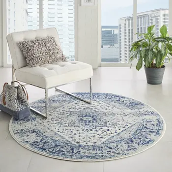 8' Ivory And Light Blue Floral Medallion Distressed Round Rug