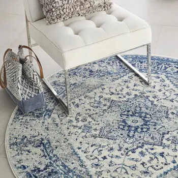8' Ivory And Light Blue Floral Medallion Distressed Round Rug