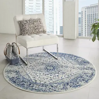 8' Ivory And Light Blue Floral Medallion Distressed Round Rug