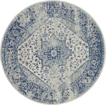 8' Ivory And Light Blue Floral Medallion Distressed Round Rug