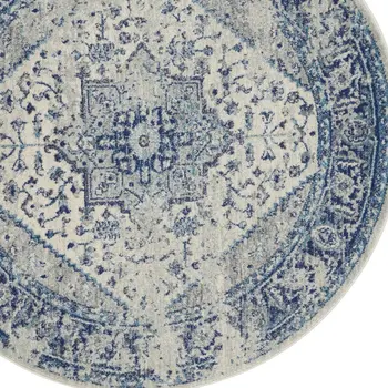 8' Ivory And Light Blue Floral Medallion Distressed Round Rug