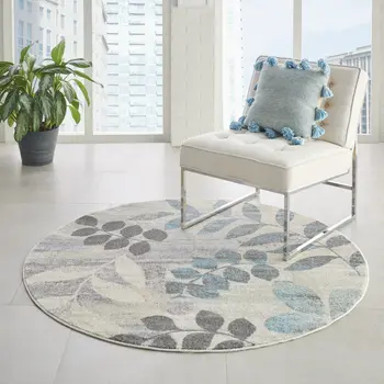 8' Ivory Gray And Blue Botanical Leaves Round Rug