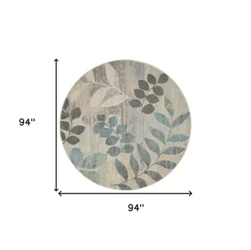8' Ivory Gray And Blue Botanical Leaves Round Rug