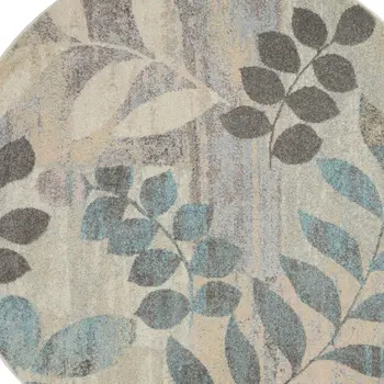 8' Ivory Gray And Blue Botanical Leaves Round Rug