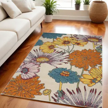 5' X 7' Cream Floral Power Loom Area Rug
