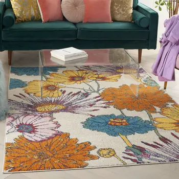 5' X 7' Cream Floral Power Loom Area Rug