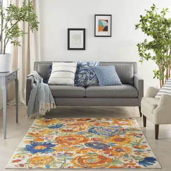 5' X 7' Cream Floral Power Loom Area Rug