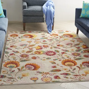 5' X 7' Cream Floral Power Loom Area Rug