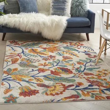 5' X 7' Cream Floral Power Loom Area Rug