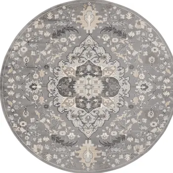 8' Ivory Black and Gray Floral Medallion Non Skid Round Rug