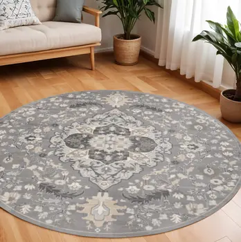 8' Ivory Black and Gray Floral Medallion Non Skid Round Rug