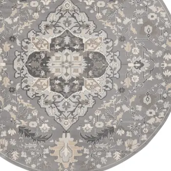 8' Ivory Black and Gray Floral Medallion Non Skid Round Rug