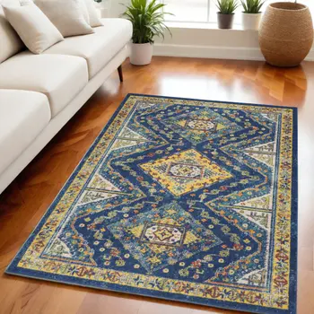 5' X 7' Blue and Yellow Geometric Power Loom Area Rug